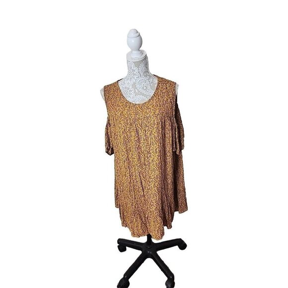 Robert Louis Dress Mini Golden Brown Floral Cold Shoulder Sleeve Women's XL - Picture 1 of 8